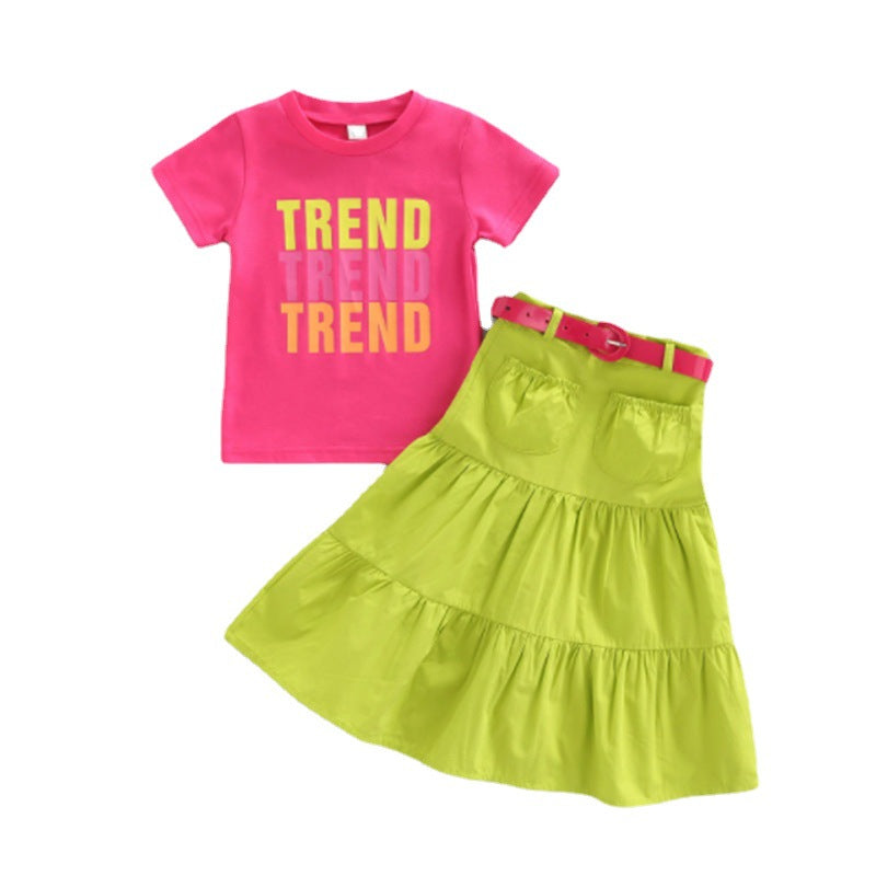 2-7years 2 Piece Sets For Girls Contrast Lettering Short Sleeve Belted Skirt Wholesale Toddler Clothing - PrettyKid