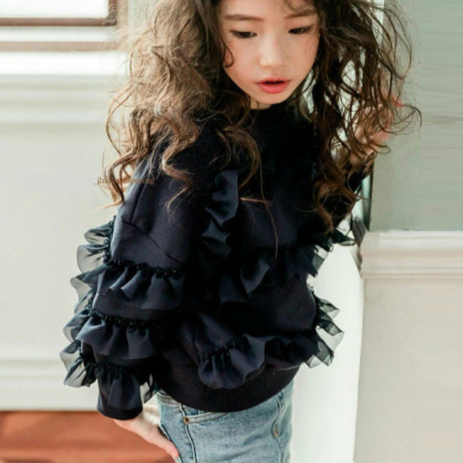 Big Girls Long Sleeve Pure Color Lace Blouse Wholesale Tops For Kids - PrettyKid