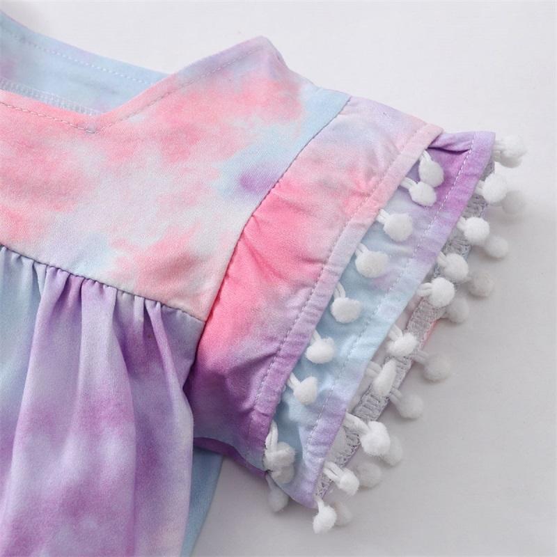 Toddler Girl Tiered Sleeve Tie Dye Top & Ripped Denim Shorts - PrettyKid