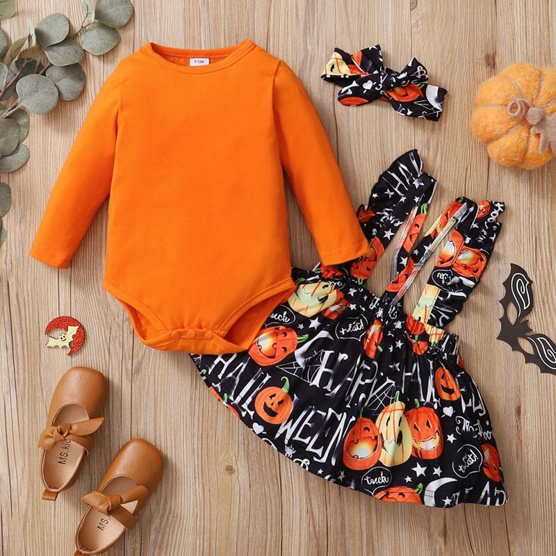 children's wholesale boutique clothing Baby Girl Solid Color Halloween Bodysuit & Suspender Skirt & Headband Wholesale Children's Clothing - PrettyKid