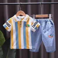 Toddler Boy Letter Print Striped POLO Shirt & Shorts - PrettyKid