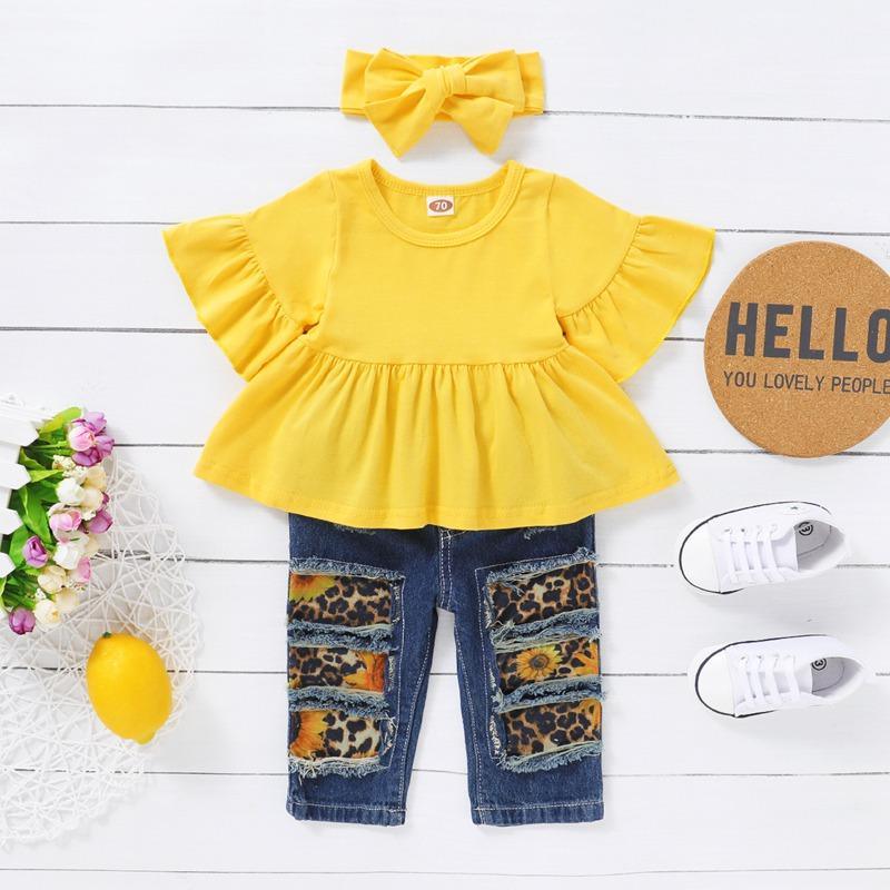 3-piece Solid Ruffle Tops & Jeans & Headband for Toddler Girl - PrettyKid