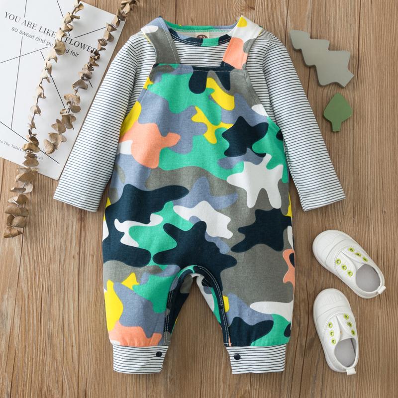 2-piece Striped Long Sleeve T-shirt & Camouflage Bib Pants for Baby - PrettyKid