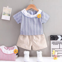 Toddler Girl 3D Flower Decor Striped Top & Shorts - PrettyKid