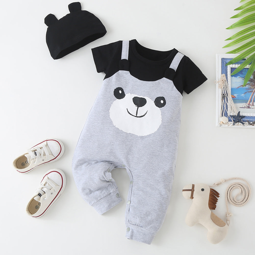 Baby Boy Cartoon Bear Print Bodysuit And Hat Baby One Piece Jumpsuit - PrettyKid