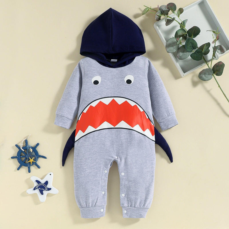 Baby Boys Hooded Shark Long Sleeve Jumpsuit - PrettyKid