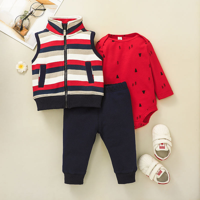 3 Pieces Baby Sets Striped Zipped Vest Jacket & Bodysuit & Trousers Wholesale Baby Boutique Clothing - PrettyKid