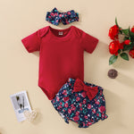 Baby Girl Pure Color Jumpsuit And Bow Floral Print Briefs With Headband Baby Outfit Sets - PrettyKid