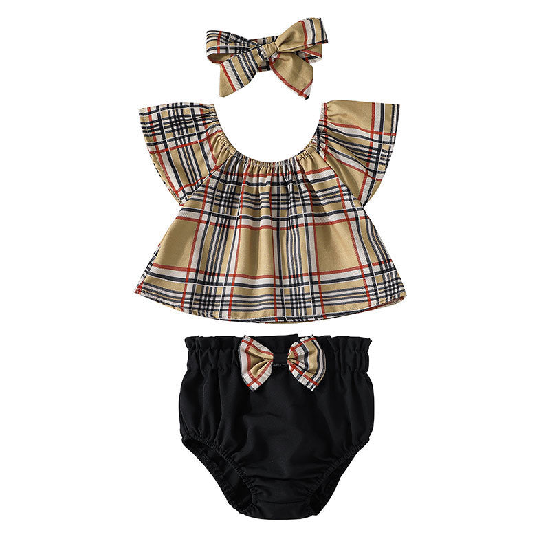 Baby Girls Sets Plaid Sleeveless Top & Briefs & Bandana Bulk Baby Clothes - PrettyKid