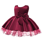 Baby Girl Solid Color Bow Decor Sleeveless Mesh Hem Formal Dress - PrettyKid