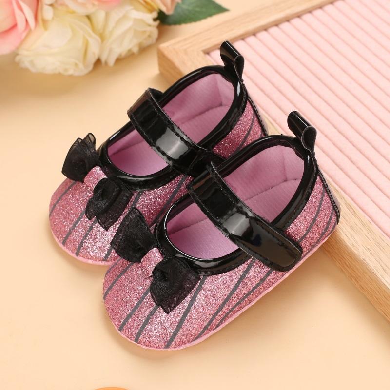 Baby Girl Bowknot Decor Striped Velcro Strap Shoes - PrettyKid