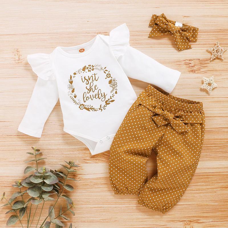 Hot Sale 3-piece Letter Bodysuit, Polka Dot Pants with Headband for Baby Clothing Wholesale - PrettyKid