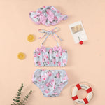 Baby Girl Bow Rose Pattern Crop Top And Briefs Split Swimsuit And Hat Cheap Baby Swimwear - PrettyKid