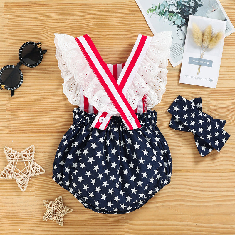 3-18M Baby Girls Independence Day Lace Flutter Sleeve Star Bodysuit Wholesale Baby Clothing - PrettyKid