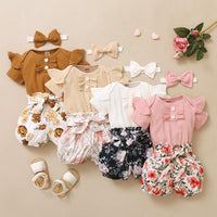 Baby Girl 3pcs Floral Pattern Suit T-Shirt & Short & Headhand - PrettyKid