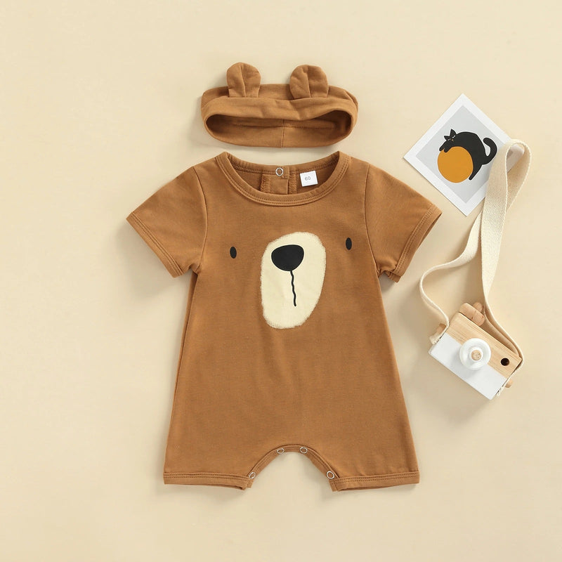 Baby Bear Print Bodysuit And Headband Baby One Piece Jumpsuit - PrettyKid