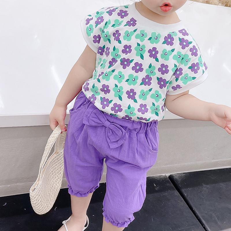 Toddler Girl Floral Print Top & Bowknot Pants - PrettyKid