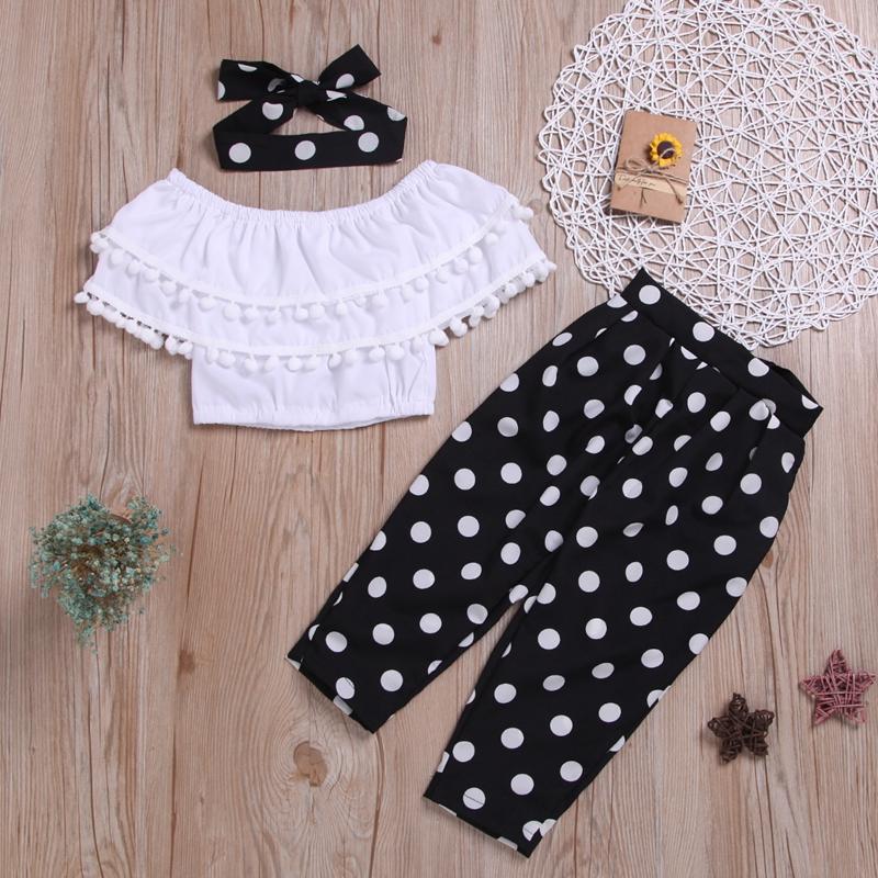 3-piece Solid Tassl Tops & Polka Dot Pants & Headband for Toddler Girl - PrettyKid