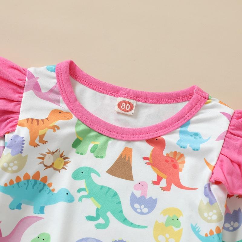 cheap baby grows wholesale Baby Girl Dinosaur Print Ruffle Sleeves Top & Pants & Headband - PrettyKid
