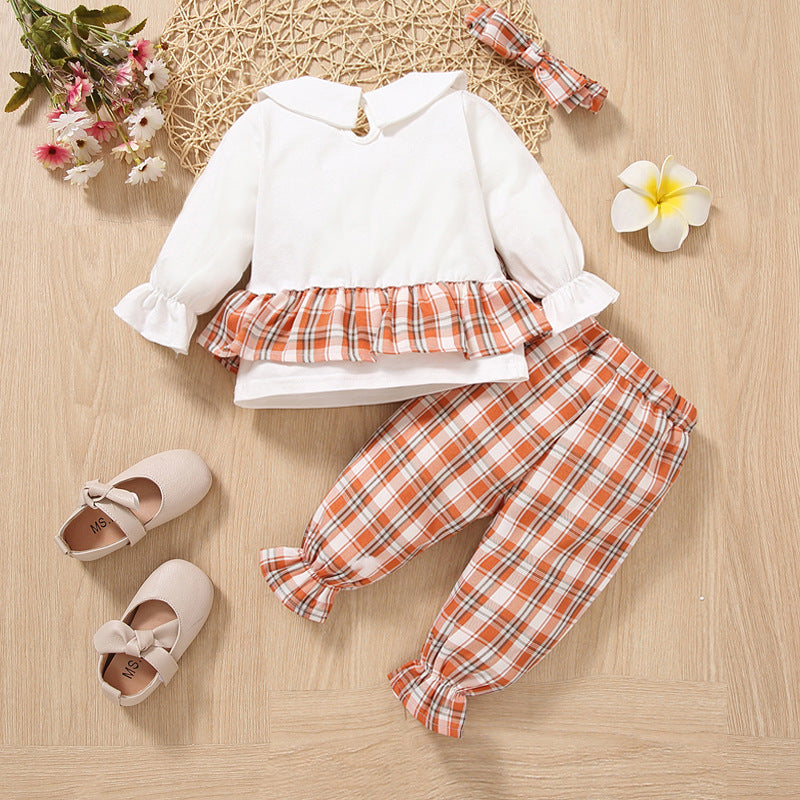 Baby Girls Plaid Doll Collar Top And Flared Pants Outfits Sets - PrettyKid