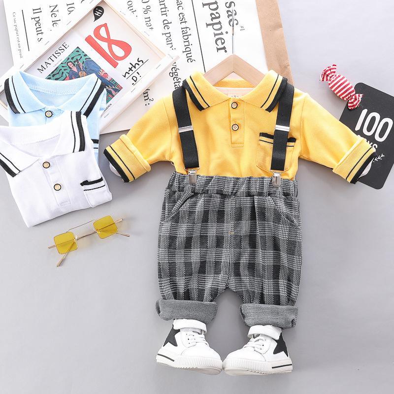 2-piece Long Sleeve Polo Shirt & Plaid Pants for Children Boy - PrettyKid