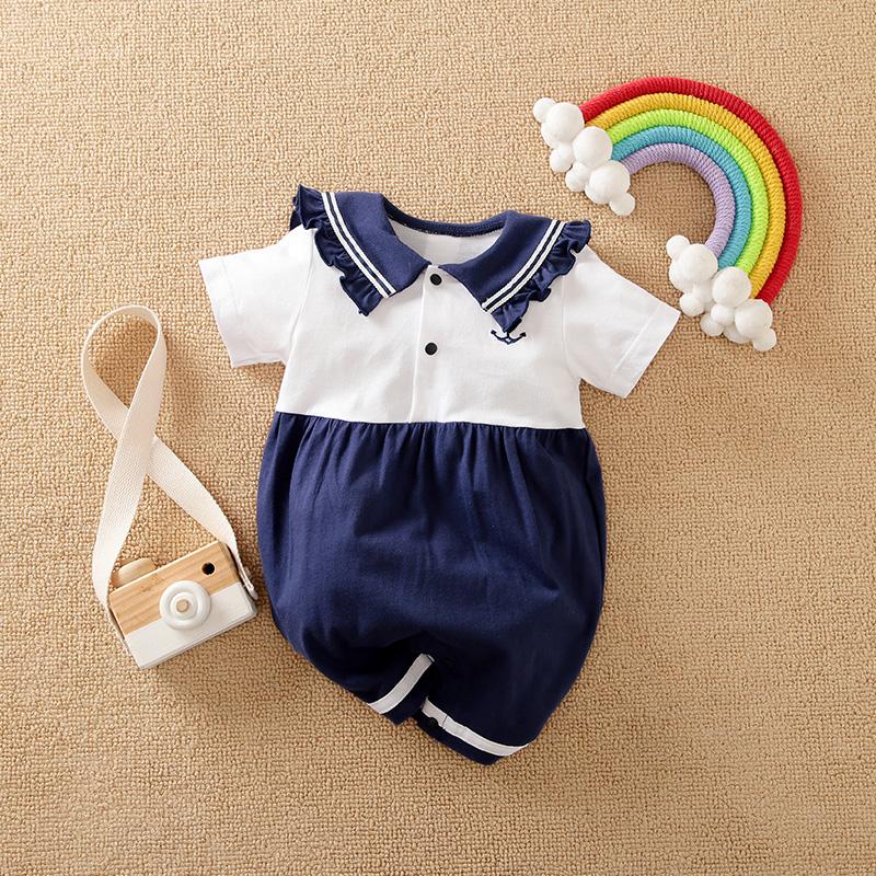 Baby Color-block Sailor Collar Jumpsuit - PrettyKid