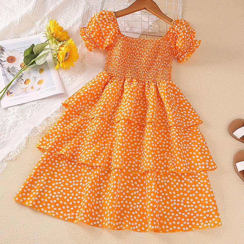 4-12Y Kids Dress For Girls Small Floral Puff Short Sleeve Chiffon Wholesale Kids Boutique Clothing KD127649 - PrettyKid