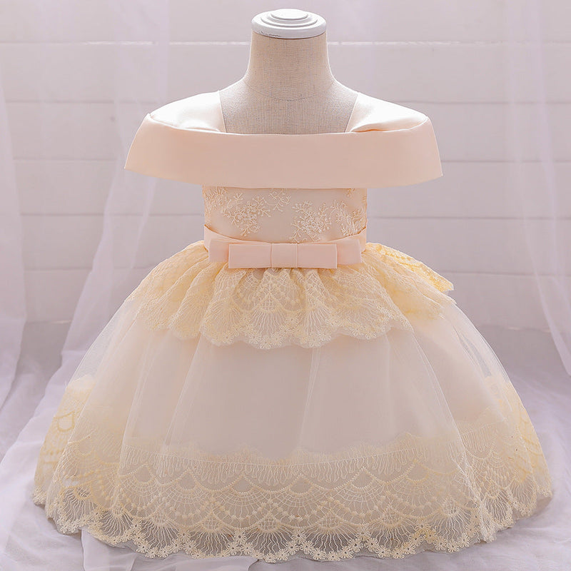 Baby Girls Flat Shoulder Lace Mesh Princess Dress - PrettyKid