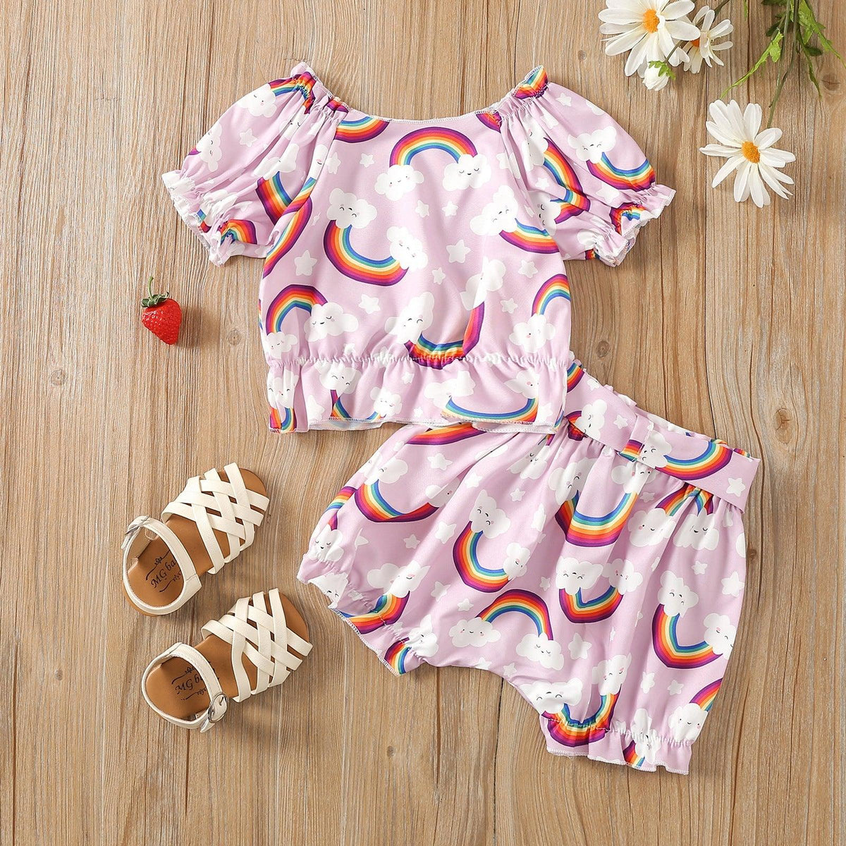 9months-4years Baby Toddler Girl Sets Wholesale Girls Summer Suit Rainbow Print Two-Piece Set - PrettyKid