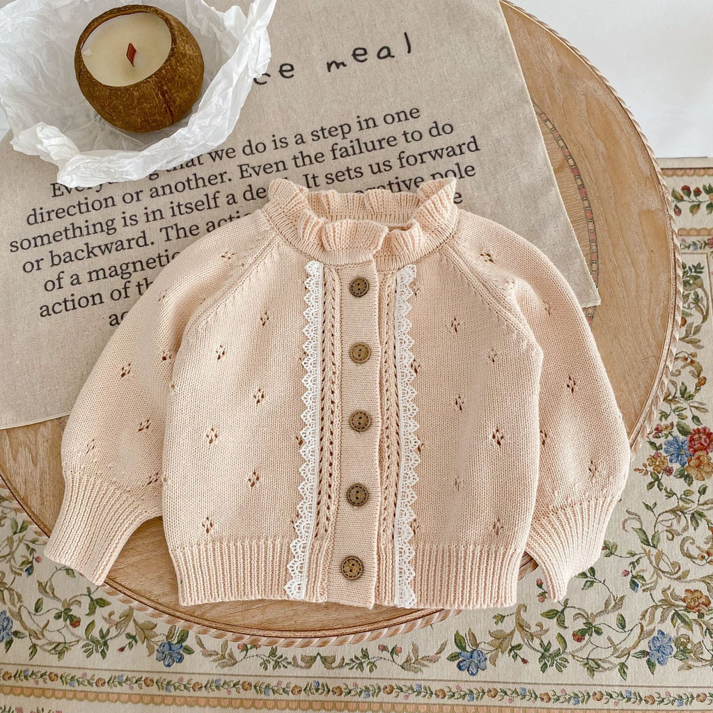 3-24M Baby Girls Fungus Collar Lace Knitted Cardigan Sweater Wholesale Baby Boutique Clothing - PrettyKid