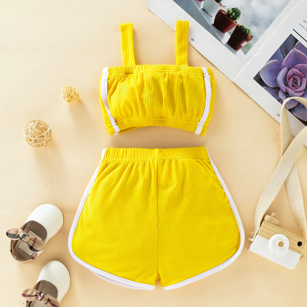 2 Piece Girl Yellow Crop Top And Shorts Toddler Girl Sets - PrettyKid