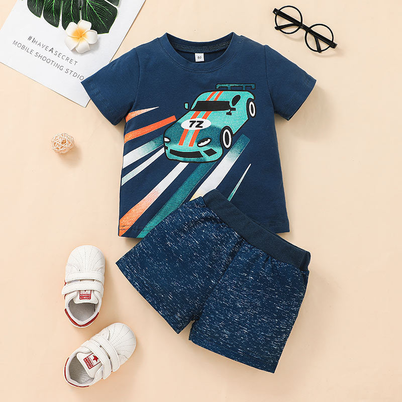 Car Pattern T-Shirt And Shorts 2 Piece Toddler Boy Sets - PrettyKid