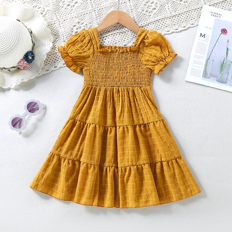 Toddler Girl Solid Color Puff Sleeves Dress - PrettyKid