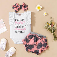 Baby Girl Letter Print Romper & Sunflower Print Super Shorts & Headband - PrettyKid