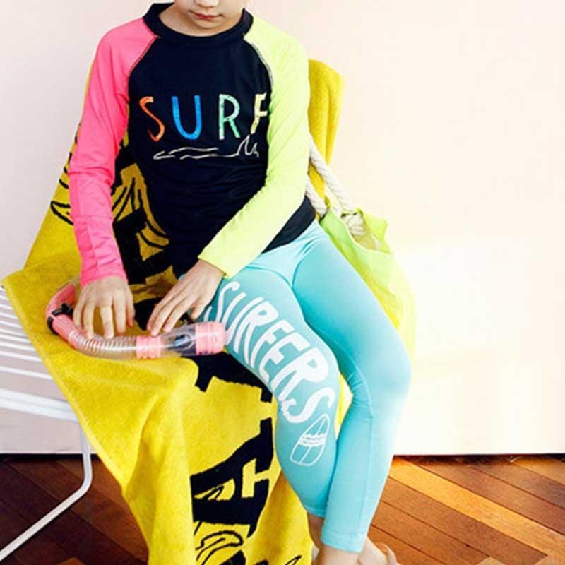 Kid Girl Letter Contrast Colored Sleeves Swimsuits - PrettyKid
