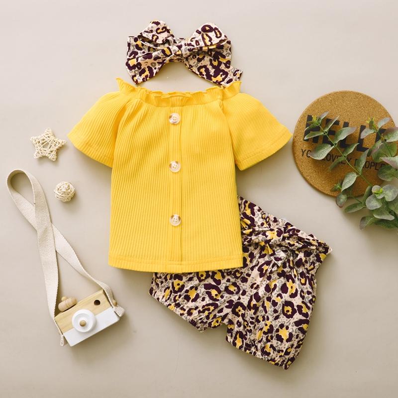 Baby Girl 3pcs Leopard Pattern Suit T-Shirt & Short & Headhand - PrettyKid