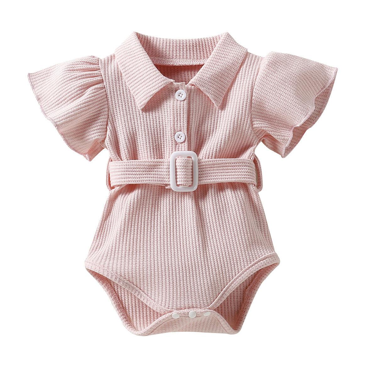 Baby Girl Lapel Collar Flutter Sleeve Jumpsuit With Belt Baby Girl Jumpsuit - PrettyKid