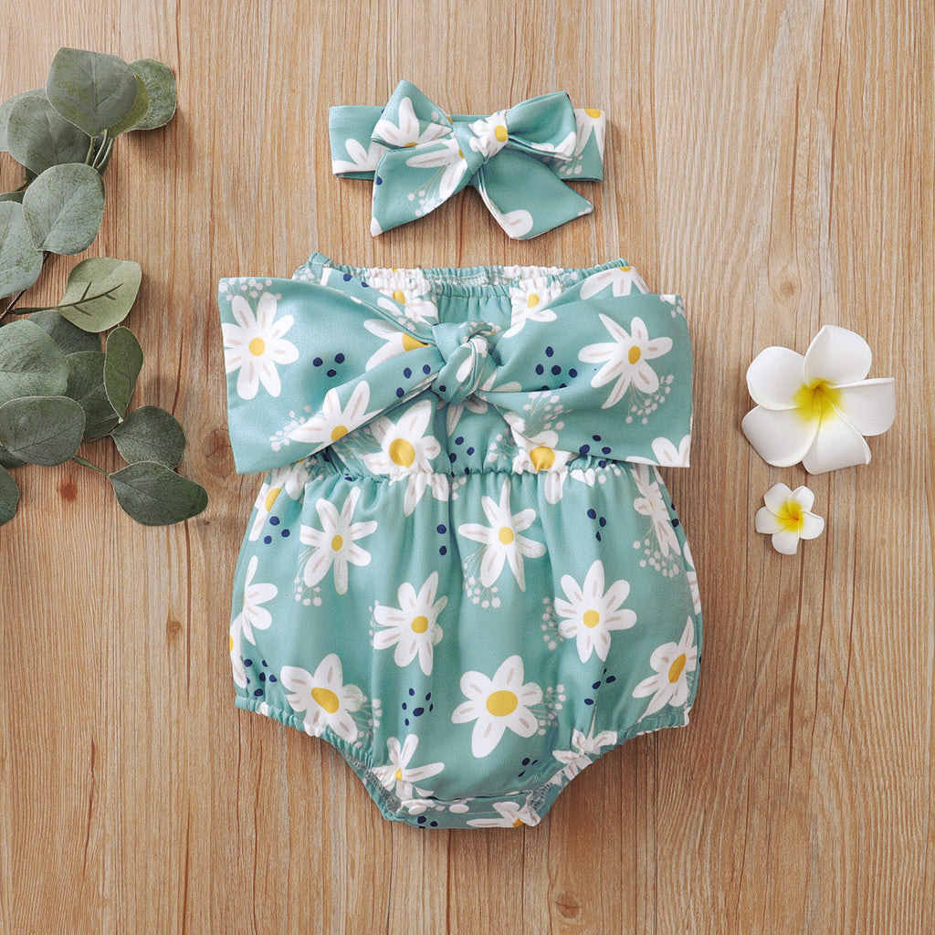 0-12M Baby Girls Flower Print Bow Bodysuit & Headband Wholesale Baby Onesies - PrettyKid