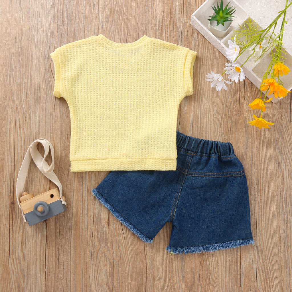 Baby Girl Yellow T-Shirt And Ripped Jean Shorts Two Piece Baby Sets - PrettyKid
