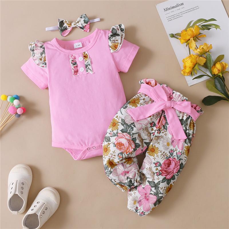 baby girl wholesale clothing Baby Girl Ruffle Sleeve Bodysuit & Floral Pants & Headband Wholesale Children's Clothing - PrettyKid