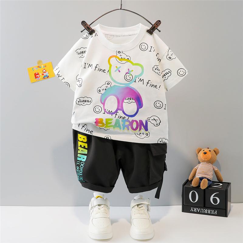 Grow Boy Bear Print T-shirt & Letter Shorts - PrettyKid