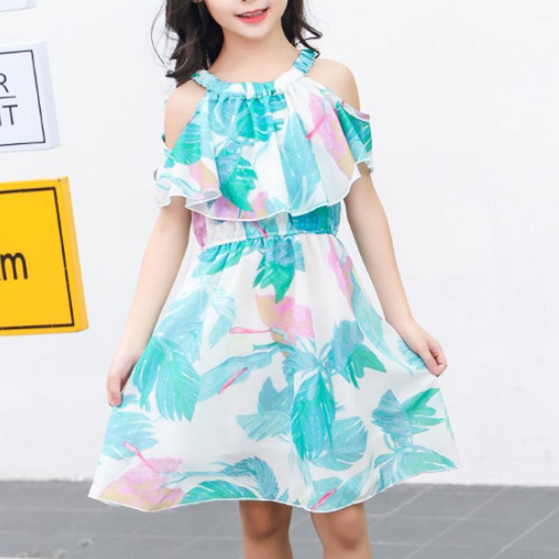 Girl Blue Leaf Print One-shoulder Chiffon Dress Children's Clothing - PrettyKid