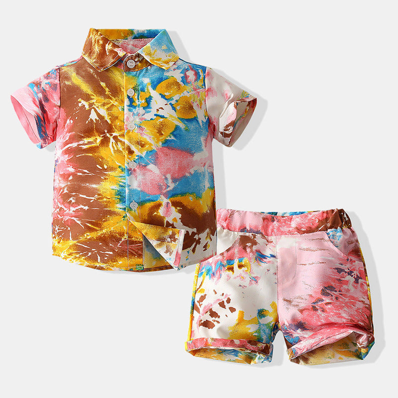 Boys Colorful Tie-Dye Hawaiian Shirt And Shorts Toddler Clothing Sets - PrettyKid
