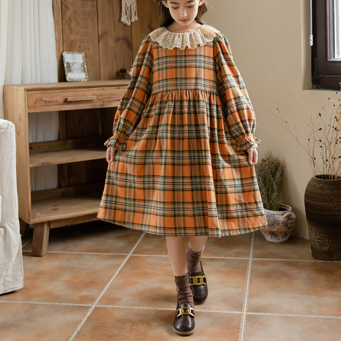 Big Girls Plaid Ruffled Trim Flare Sleeve Wholesale Kids Cotton Dress - PrettyKid