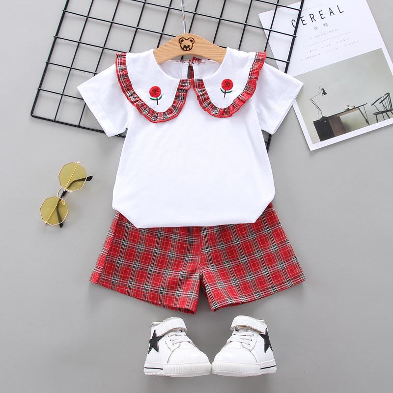 Toddler Girl Doll Collar T-shirt & Check A-line Shorts Wholesale Children's Clothing - PrettyKid