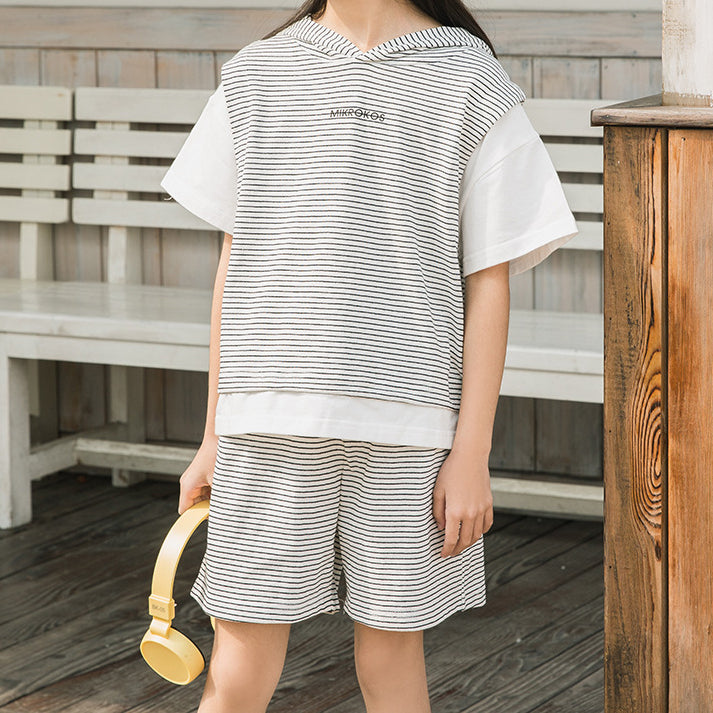 Kids Boys Girls Summer Solid Stripe Stitched Short Sleeved Hoodie Shorts Set - PrettyKid