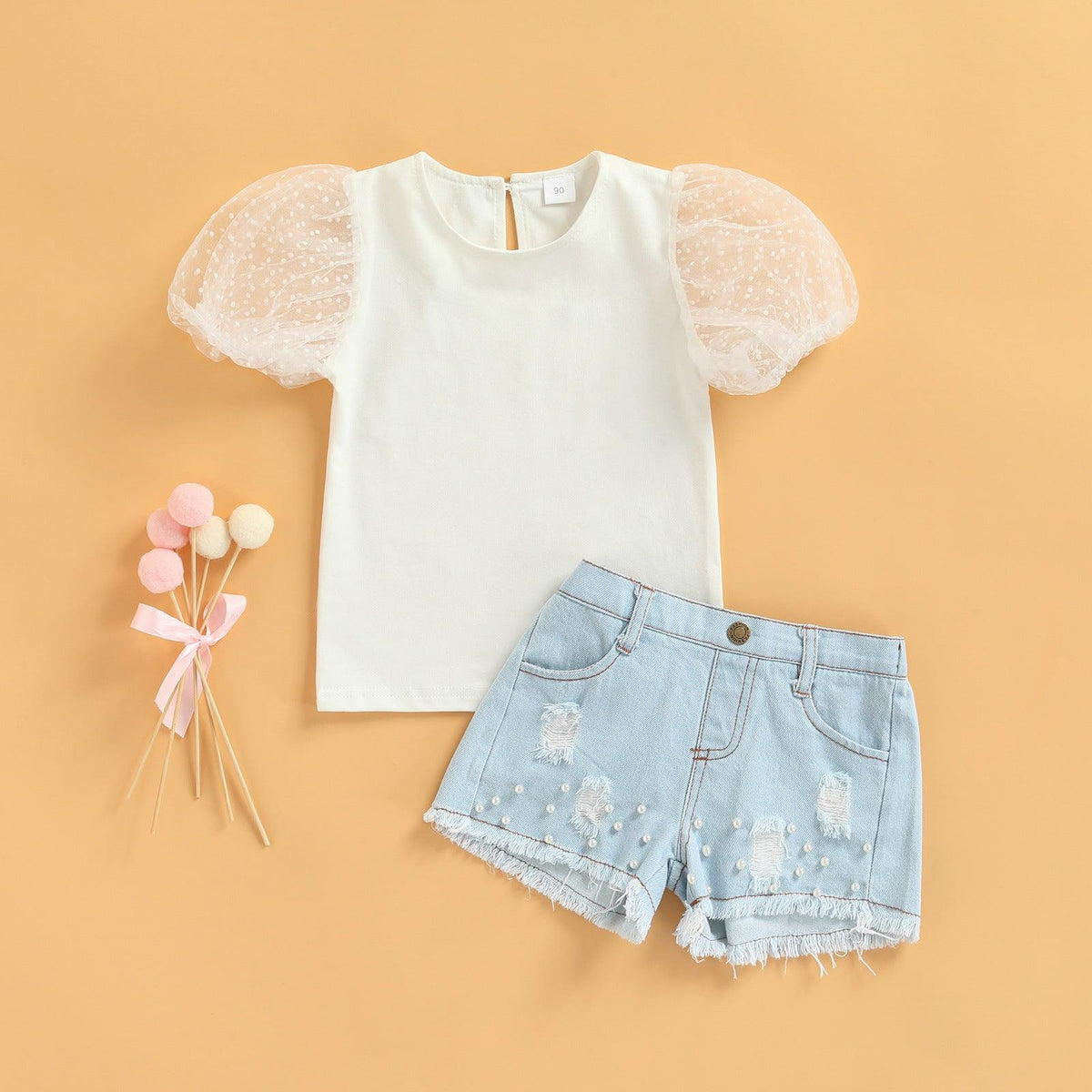 Baby Girl Mesh Puff Sleeve Top And Denim Shorts Two Piece Baby Sets - PrettyKid