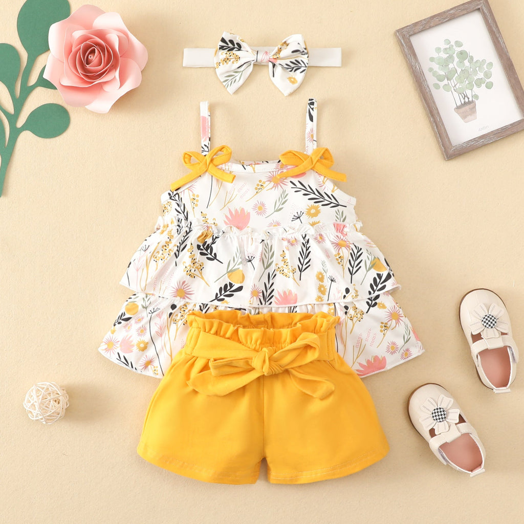 3-24months Baby Sets Girl Sling Suit Flower Cute Cotton Shorts Three-Piece Summer Set Boutique Baby Clothes - PrettyKid