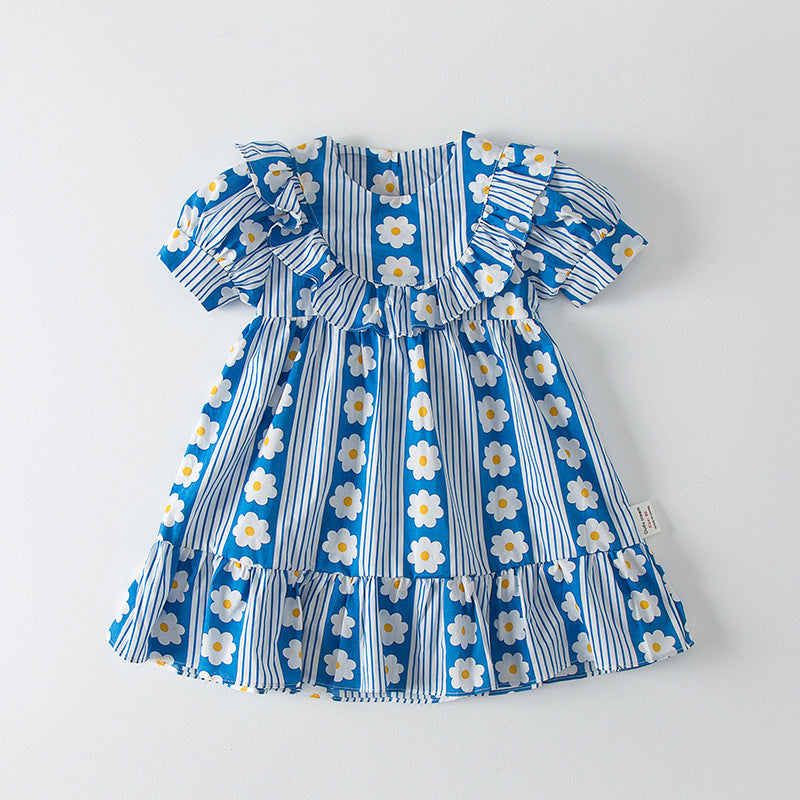 18M-6Y Toddler Girls Ruffle Trim Flower Striped Dresses Fashion Girl Wholesale