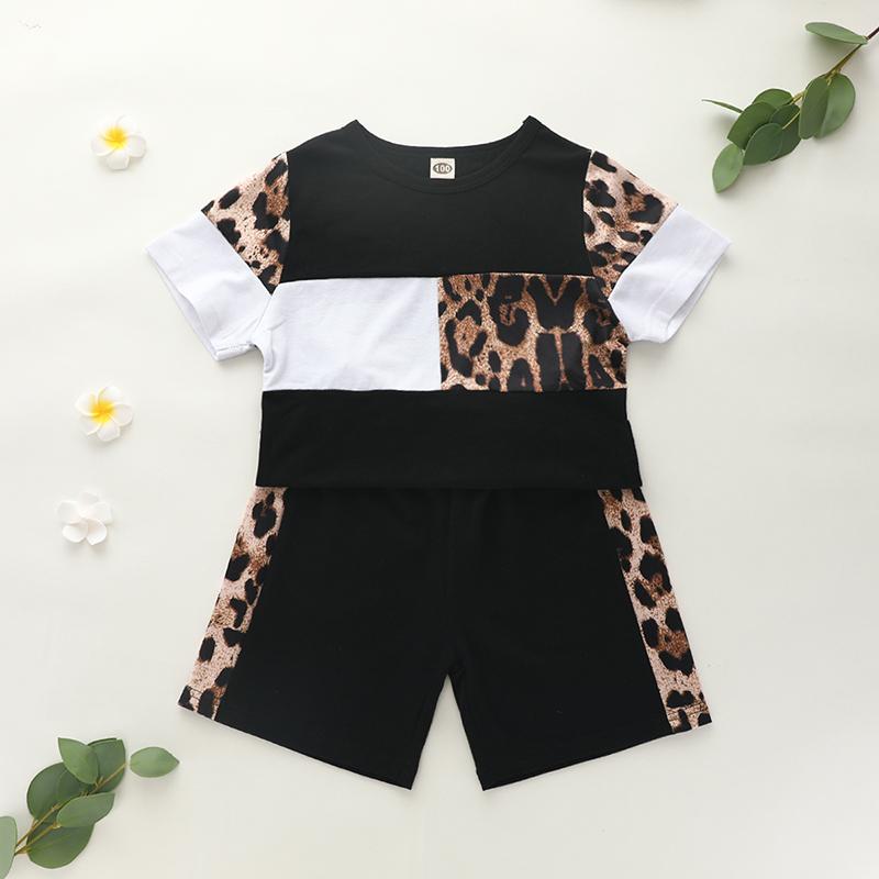 2pcs Fashion Leopard Color-block T-shirt and Pants - PrettyKid